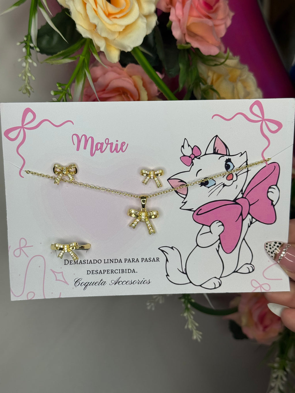 Combo Marie moño 🎀 anillo regulable + aros + cadena