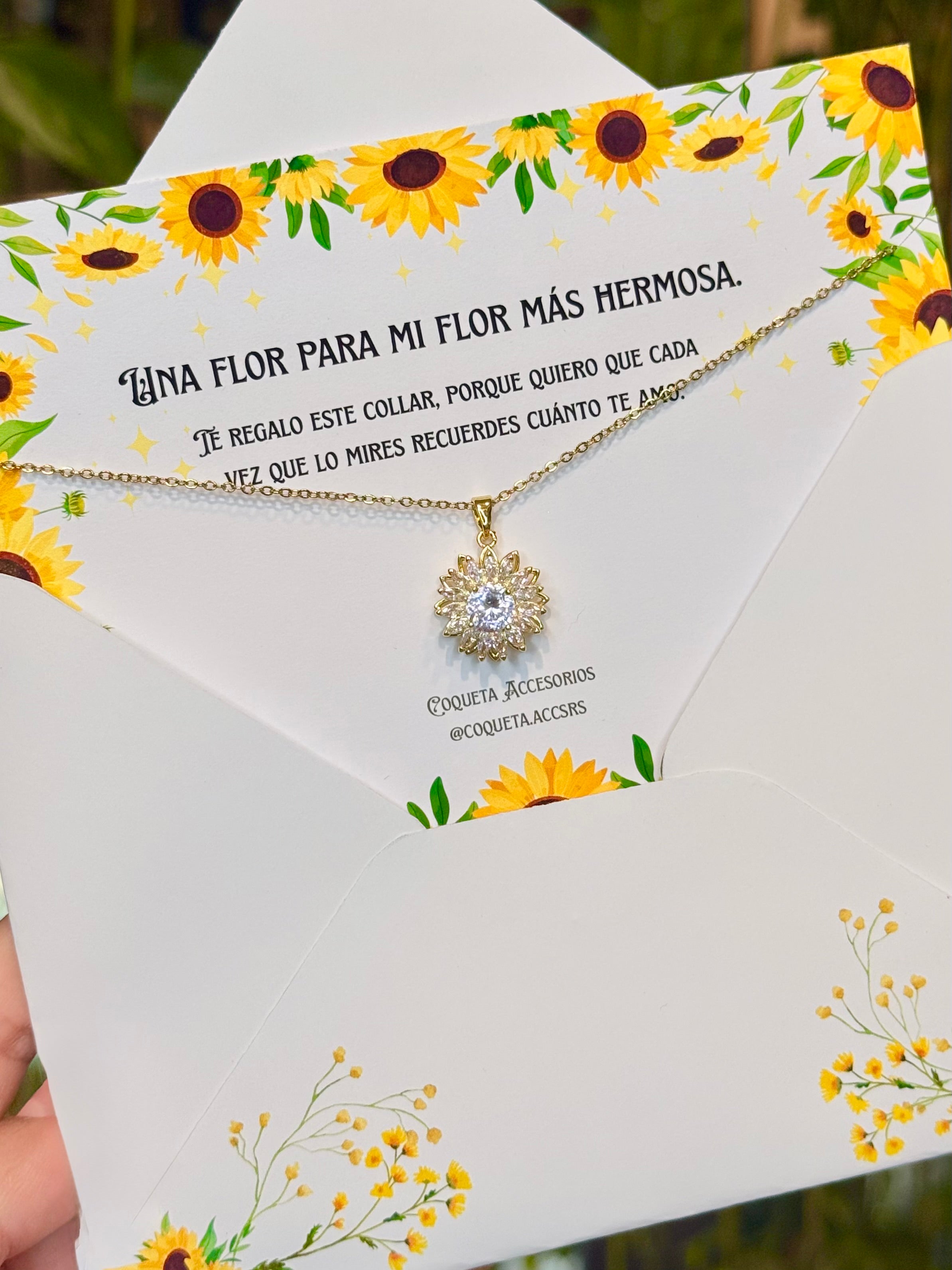 Cadena giratoria girasol + carta con dedicatoria (acero)